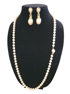 Vintage Marvella Faux Pearl & Gold Tone Earrings & Faux Pearl Necklace